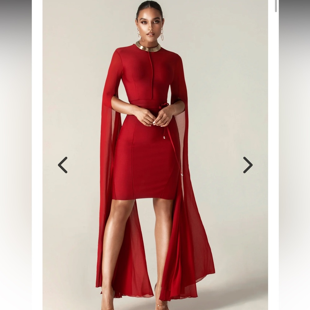 $385 Aliava ZIBA BANDAGE SHAWL SLEEVES MIDI DRESS (MAROON)